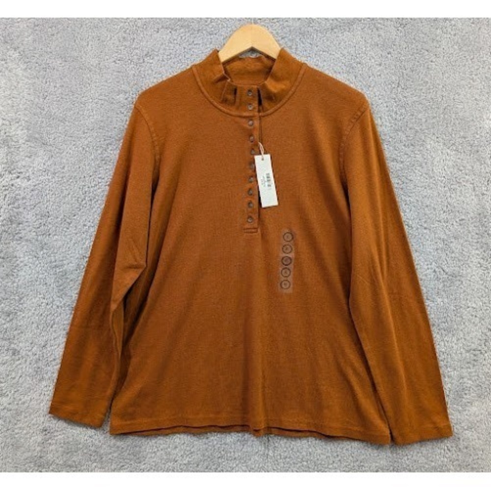 Natural Reflections Henley Shirt Women's XL Caramel Cafe 10-Button Mock Neck NWT